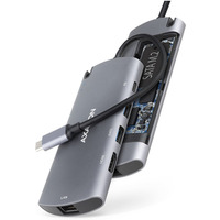 HMC-6M2 Wieloportowy hub USB-C 3.2 Gen 1, slot M.2 SATA + HDMI + GLAN + 2x USB-A + PD 100W